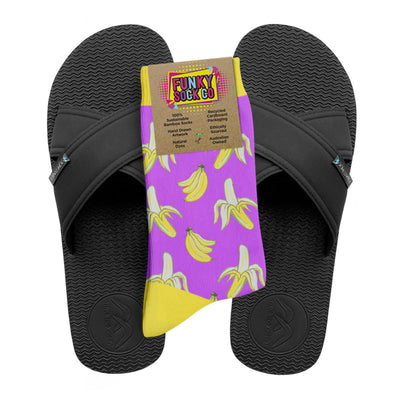 Regular Black Cross Slides + Socks Combo - Bananas - Boomerangz Footwear