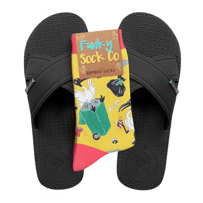 Regular Black Cross Slides + Socks Combo - Bin Chickens - Boomerangz Footwear