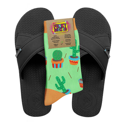 Regular Black Cross Slides + Socks Combo - Cactus - Boomerangz Footwear