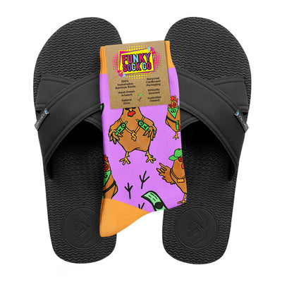 Regular Black Cross Slides + Socks Combo - Gangsta Chickens - Boomerangz Footwear