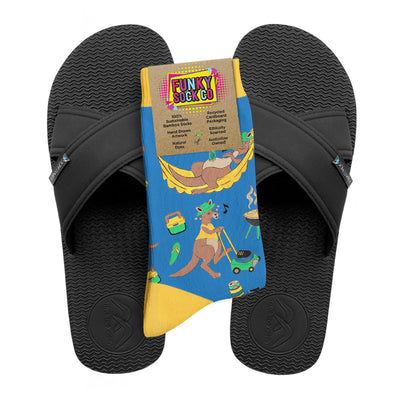 Regular Black Cross Slides + Socks Combo - Kangaroos - Boomerangz Footwear