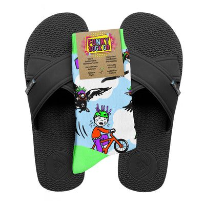 Regular Black Cross Slides + Socks Combo - Magpies - Boomerangz Footwear