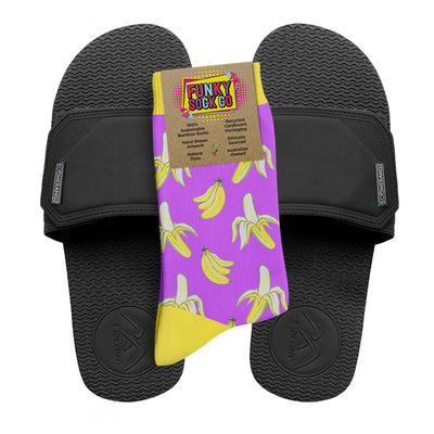 Regular Black Adjustable Slides + Socks Combo - Bananas - Boomerangz Footwear