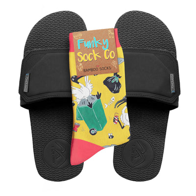 Regular Black Adjustable Slides + Socks Combo - Bin Chickens - Boomerangz Footwear