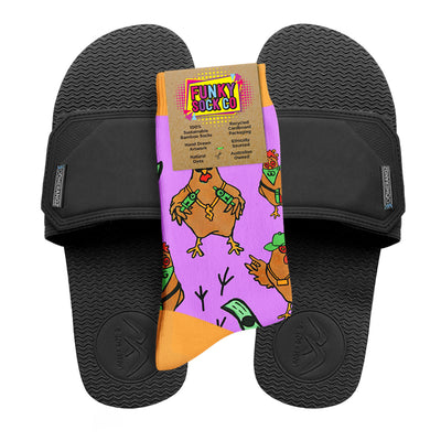 Regular Black Adjustable Slides + Socks Combo - Gangsta Chickens - Boomerangz Footwear