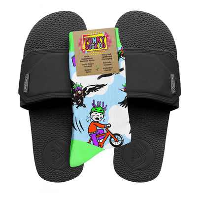 Regular Black Adjustable Slides + Socks Combo - Magpies - Boomerangz Footwear