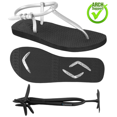 Women's Silver Strap Sandals + Black Straps - Boomerangz Footwear