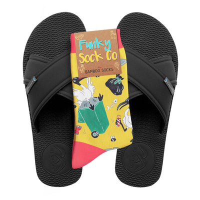 Slim Black Cross Slides + Socks Combo - Bin Chickens - Boomerangz Footwear