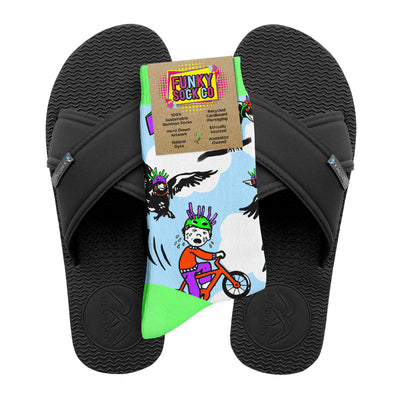 Slim Black Cross Slides + Socks Combo - Magpies - Boomerangz Footwear